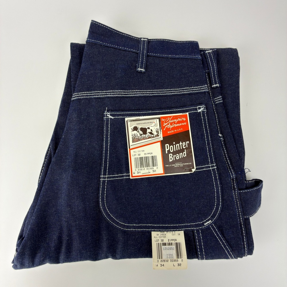 Vintage Pointer Brand Indigo Blue Denim Carpenter Work Pants Mens 34x32 USA NOS